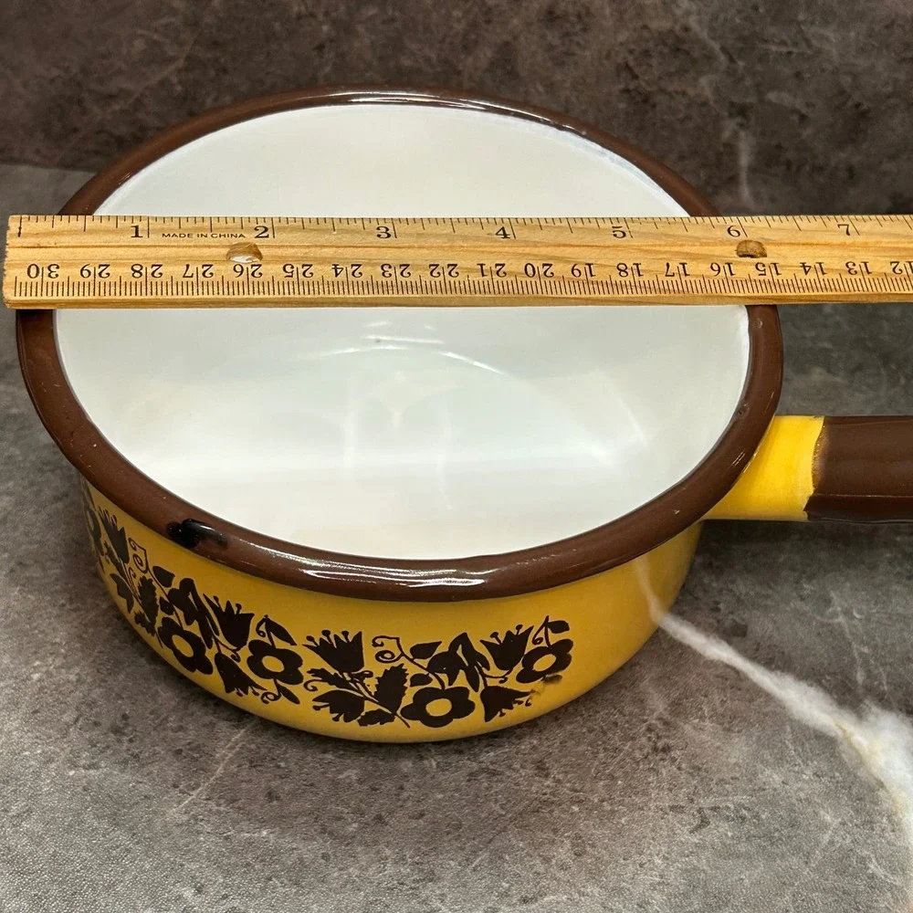 Vintage Yellow Enamelware Saucepan Brown Floral Pattern Retro Kitchen Pot 6 Inch
